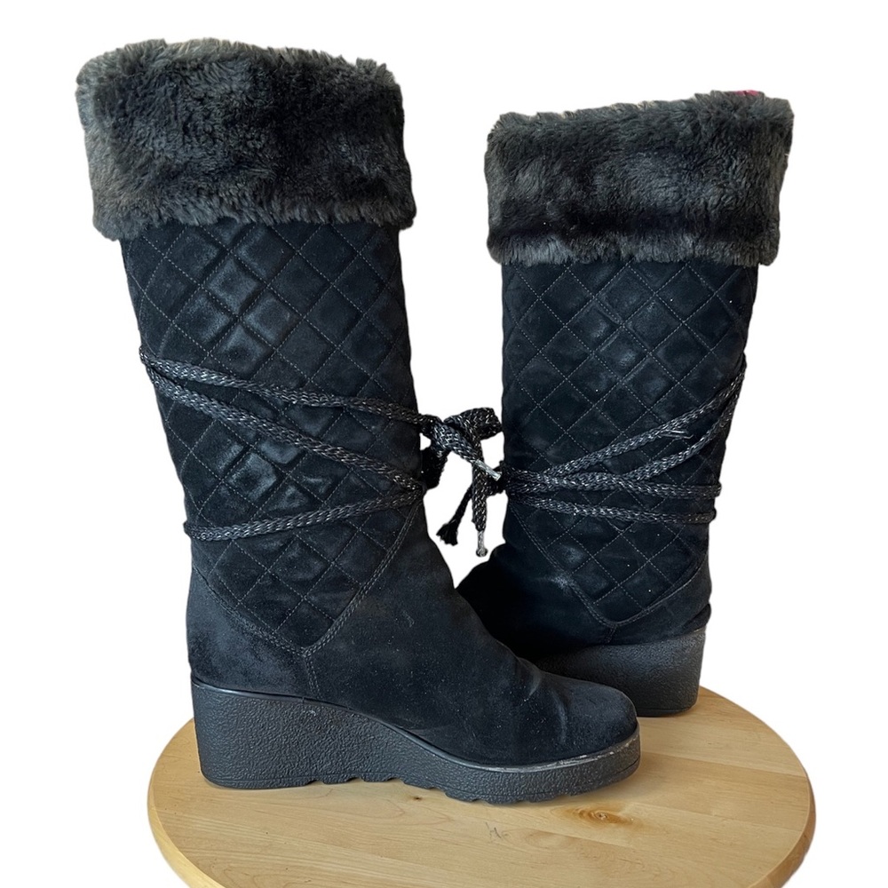 MARC JACOBS Black Quilted Suede Faux Fur Platform Wedge Tall Boots Size 39